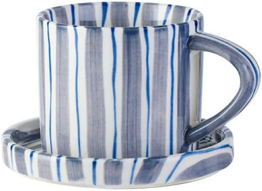 8Oz Stylish Handmade Vertical Striped Coffee Mug Espresso Cups With Saucer, Easthetical Ceramic Coffee Mugs, Glazed Tea/Coffee Cup With Saucer, Microwave safe and dishwasher safe Latte art mug (Blue)