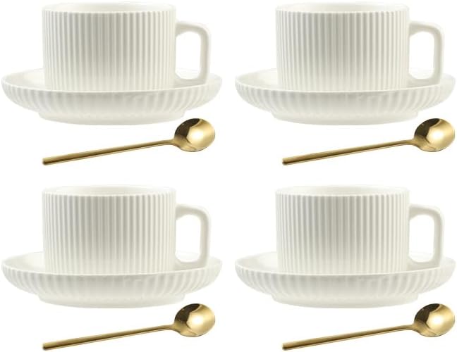 8 Ounce Cappuccino Cups Set of 4, Latte Mugs with Saucers and Spoons, White Cream Ceramic Coffee Mugs Tea Cups for Cappuccino Latte Mocha Au Lait Macchiato Cafe