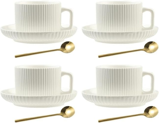 8 Ounce Cappuccino Cups Set of 4, Latte Mugs with Saucers and Spoons, White Cream Ceramic Coffee Mugs Tea Cups for Cappuccino Latte Mocha Au Lait Macchiato Cafe