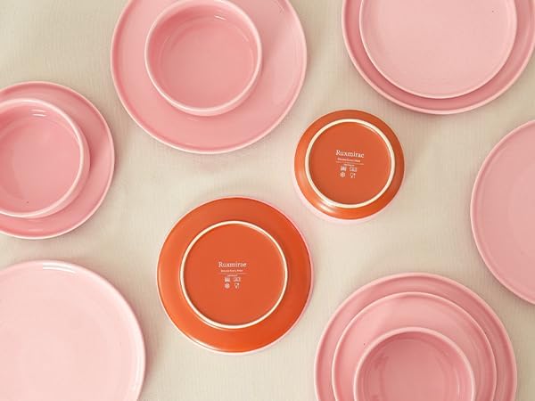 6 Piece Dinnerware Sets for 2, Dual Glaze Stoneware Plates and Bowls Set, Microwave and Dishwasher Safe, Pink