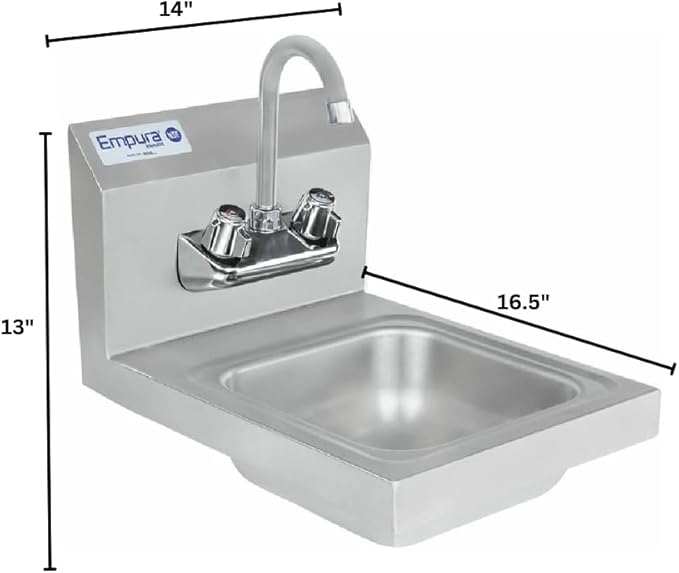 14" Wide Stainless Steel Wall Mounted Hand Sink | Commercial Prep Utility 10" x 12" Bowl for Kitchen Laundry | 4" Center Gooseneck Faucet, 8" Backsplash, 14"W x 16.5"D x 13"H, 20 Gauge, NSF