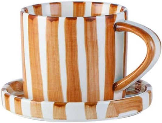 8Oz Stylish Handmade Vertical Striped Coffee Mug Espresso Cups With Saucer, Small Hand painted Ceramic Cappuccino Mugs, Glazed Tea Cup, Microwave safe Latte art mug(Brown), Fall mug