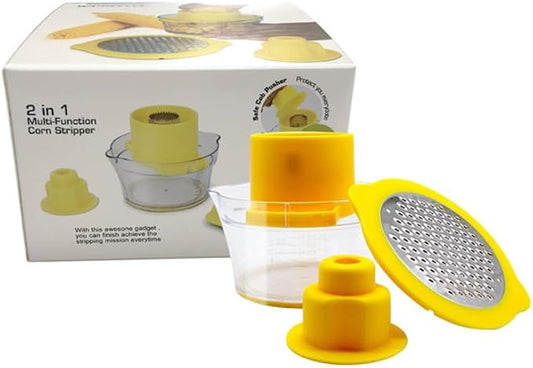 Corn Stripper Tool with Bowl & Comfort Grip - 2-in-1 Kernel Cutter and Grater for Garlic Ginger, Corn Peeler and Grinder Set with Container, Easy Corn Kernel Remover