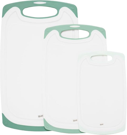 Glad Cutting Boards for Kitchen - 3pc Cutting Board Set with Juice Grooves and Non Slip Handles - Assorted Sizes for Meat, Vegetables, and Fruit - Non Porous, Dishwasher Safe, Teal Green