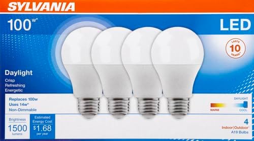 Sylvania LED A19 Light Bulb, 100W Equivalent, Efficient 14W, 1500 Lumens, Frosted Finish, Daylight - 4 Pack (78103)