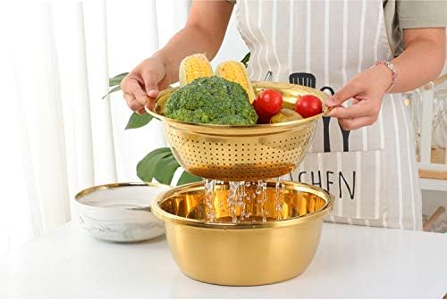 3PC/Set Colander set Stainless Steel Vegetable Slicer Fruit Potato Peeler Carrot Grater Strainer Utensil Round Rice Washer Bowl Drain Basket-Gold