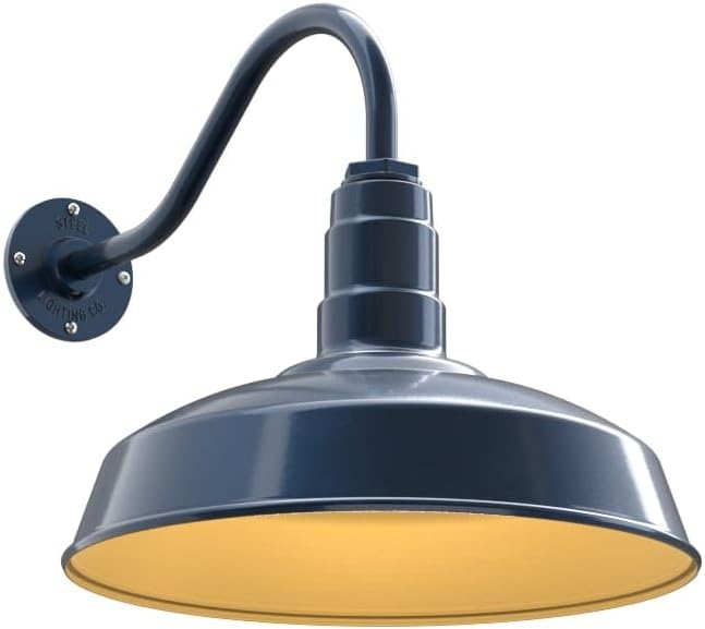 Steel Lighting Co. | Dusk to Dawn | Gardena Barn Light | Outdoor Wall Mounted | 16" Dome | 16" Gooseneck | Farmhouse Light Made in America | Gray Blue/Brass