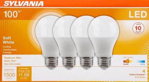 Sylvania LED A19 Light Bulb, 100W = 14W, Non-Dimmable, Frosted Finish, 1500 Lumens, 2700K, Soft White - 4 Pack (78101)