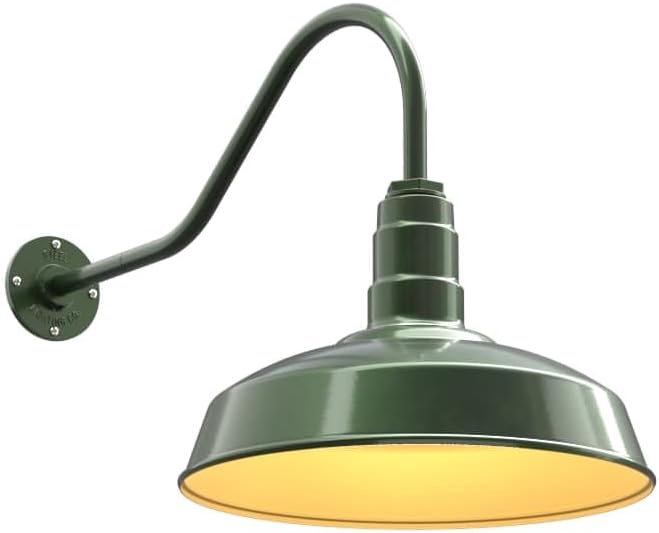 Steel Lighting Co. | Dusk to Dawn | Gardena Barn Light | Outdoor Wall Mounted | 16" Dome | 23" Gooseneck | Farmhouse Light Made in America | Hunter Green/Brass