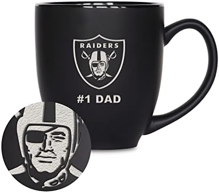 Rico Industries NFL Football #1 Dad 15oz Laser Engraved Matte Black Ceramic Bistro Mug - for Hot or Cold Drinks