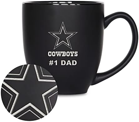 Rico Industries NFL Football #1 Dad 15oz Laser Engraved Matte Black Ceramic Bistro Mug - for Hot or Cold Drinks