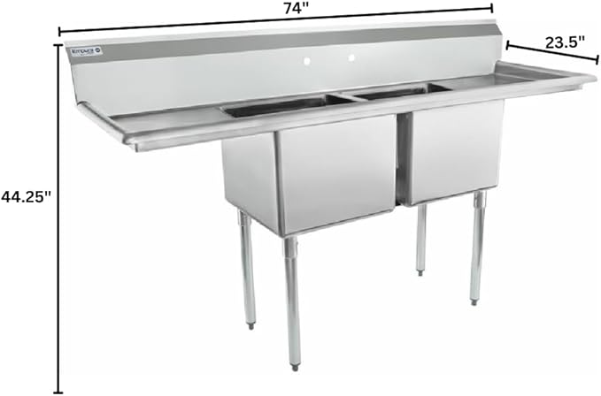 74" Wide Stainless Steel Two Compartment Commercial Sink | Prep Utility 18 x 18 Bowl for Restaurant Laundry Garage | (2) 18" Drainboard, 9.75" Backsplash, 74"W x 23.5"D x 44.25"H, 18 Gauge, NSF