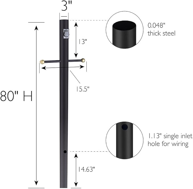 Design House Oakmont Outdoor Lamp Post, Integrated Outlet, Weather-Resistant, Powder-Coated Steel, 15.5-in. Plastic Cross-Arm, Easy Installation, Black, 3 in. Diameter x 80 in. H, 579714