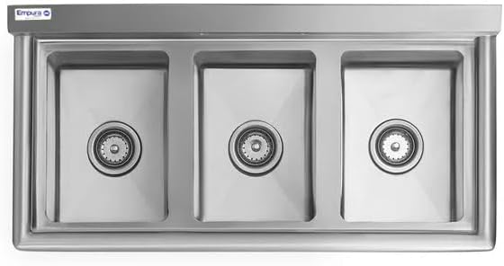 39" Wide Stainless Steel Three Compartment Commercial Sink | Prep Utility 10" x 14" Bowl for Restaurant Laundry | 3.5" Drain Basket, 9.75" Backsplash, 39"W x 19.5"D x 44.25"H, 16 Gauge, NSF