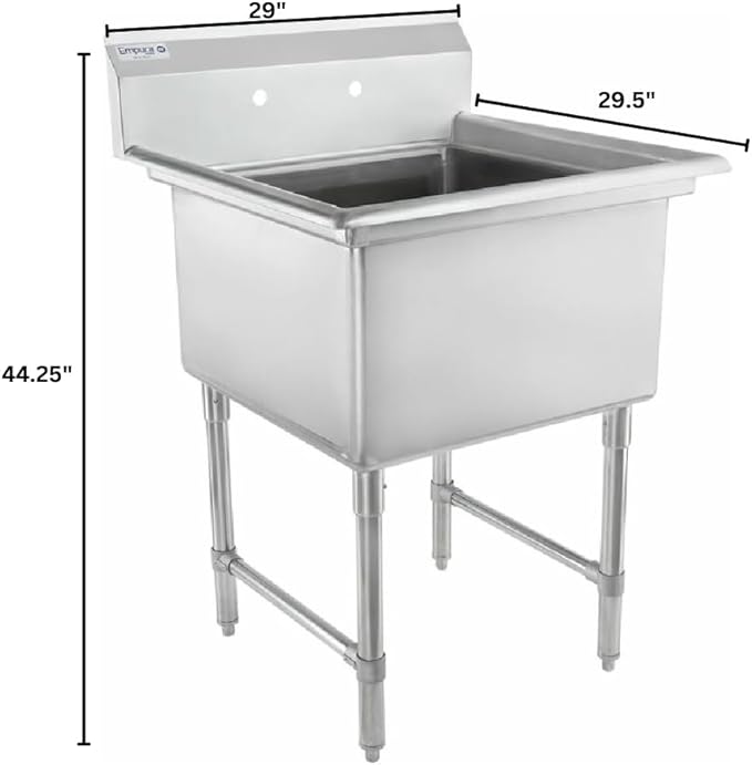 29" Wide Stainless Steel One Compartment Commercial Sink | Prep Utility 24" x 24" Bowl for Restaurant Laundry Hotel | 3.5" Drain Basket, 9.75" Backsplash, 29"W x 29.5"D x 44.25"H, 16 Gauge, NSF