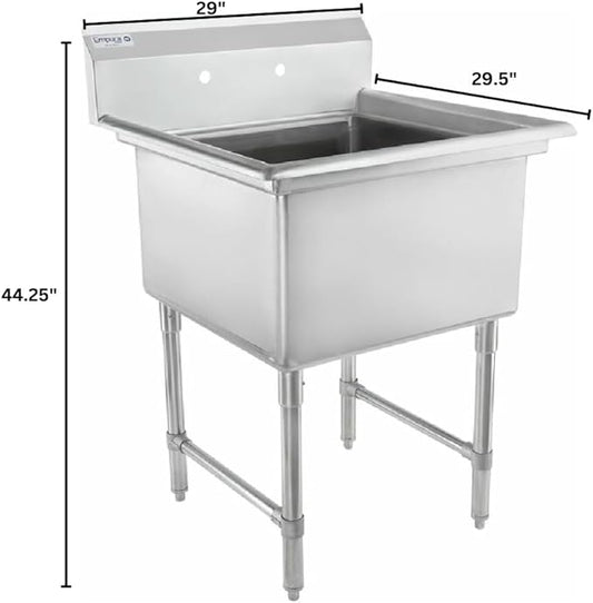 29" Wide Stainless Steel One Compartment Commercial Sink | Prep Utility 24" x 24" Bowl for Restaurant Laundry Hotel | 3.5" Drain Basket, 9.75" Backsplash, 29"W x 29.5"D x 44.25"H, 16 Gauge, NSF