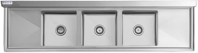 79" Wide Stainless Steel Three Compartment Commercial Sink | Utility 15" x 15" Bowl for Restaurant Laundry Garage | (2) 15" Drainboard, 9.75" Backsplash, 79"W x 20.5"D x 44.25"H, 16 Gauge, NSF