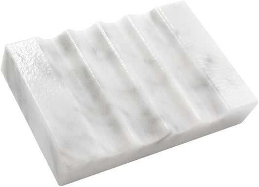 Real Marble Soap Dish for Shower Stone Tray Small Bar Soap Holder with Self Draining | Non-Slip, Luxury Bath Room Accessories (White)