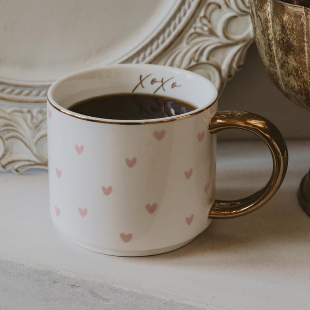Sweet Water Decor Heart XOXO Coffee Mug with Gold Handle, 14oz Fine Bone China Tea Cup for Hot & Cold Drinks, Gift Idea for Friend, Sister, Wife & Valentines Day
