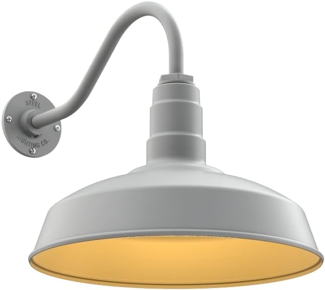 Steel Lighting Co. | Dusk to Dawn | Gardena Barn Light | Outdoor Wall Mounted | 16" Dome | 16" Gooseneck | Farmhouse Light Made in America | Modern Gray/Brass