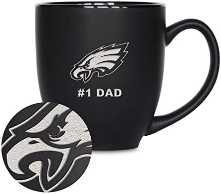 Rico Industries NFL Football #1 Dad 15oz Laser Engraved Matte Black Ceramic Bistro Mug - for Hot or Cold Drinks