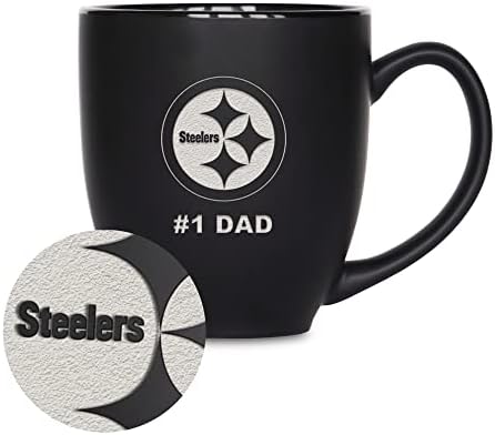 Rico Industries NFL Football #1 Dad 15oz Laser Engraved Matte Black Ceramic Bistro Mug - for Hot or Cold Drinks