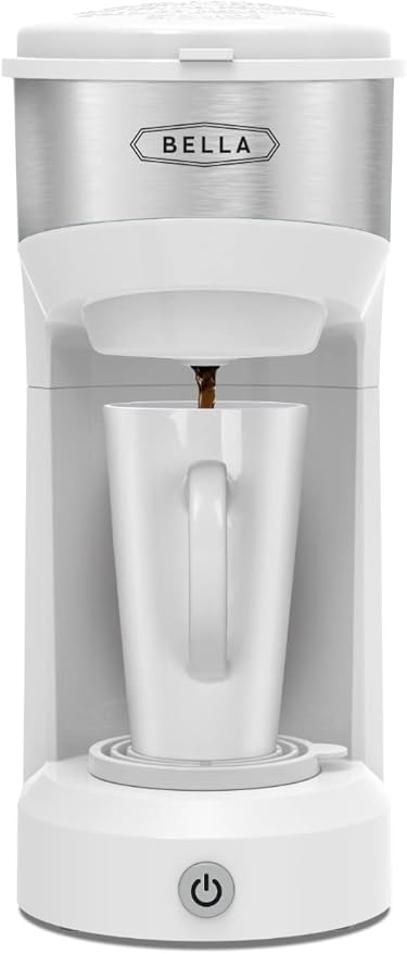 BELLA Dual Brew Single Serve Coffee Maker, Brews both Kcup and Ground Coffee, Large 14oz Capacity, Easy One Touch, Auto Shutoff, White