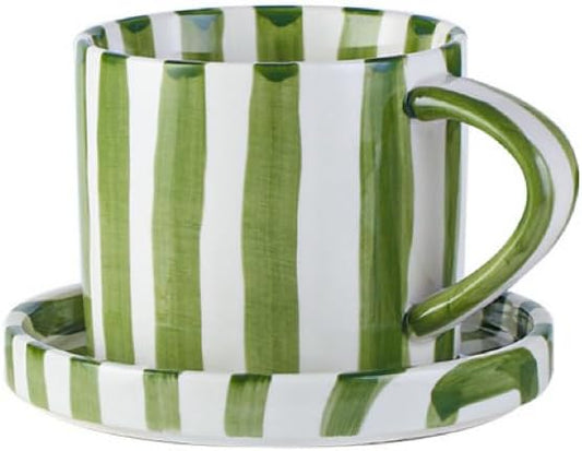 8Oz Stylish Handmade Vertical Striped Coffee Mug Espresso Cups With Saucer, small Hand painted Ceramic Cappuccino Mugs, Glazed Tea Cup, Microwave safe Latte art mug, Spring mug (Green)