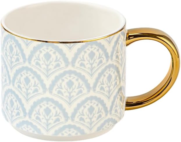 Sweet Water Decor Blue Delft Ceramic Mug with Gold Handle, Large 14oz Fine Bone China Tea Cup, Cute Coffee Mug, Vintage Floral Spring Drinkware, Hostess & Housewarming Gift for Women & Teachers