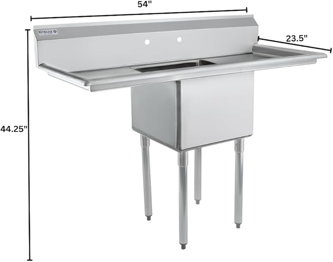 54" Wide Stainless Steel One Compartment Commercial Sink | Utility 18 x 18 Bowl for Restaurant Laundry Garage | (2) 18" Drainboard, 9.75" Backsplash, 54"W x 23.5"D x 44.25"H, 18 Gauge, NSF