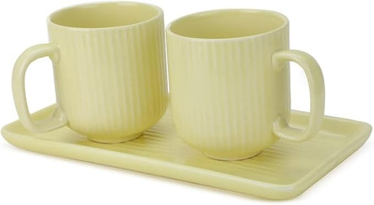 Ceramic Coffee Mugs with Handle Set – 2-Piece 11 Oz Ceramic Coffee Cups & 9" Tray, Handmade Lemon Yellow Color, Microwave Safe Gift Set for Tea Lovers, Home Kitchen Décor
