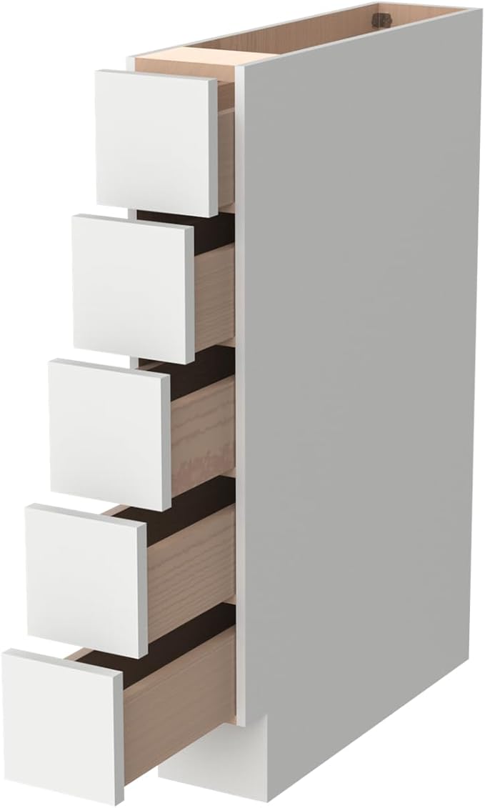 Solid Wood 5-Drawer Spice Cabinet for Kitchen, Soft Close Drawer Glides, Freestanding Storage Organizer, Fits 6" Base Cabinets, Natural Birch Wood (SK-Origami White, 6" W x 24" D x 34.5" H)