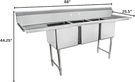 88" Wide Stainless Steel Three Compartment Commercial Sink | Prep Utility 16" x 20" Bowl for Restaurant Laundry | (2) 18" Drainboard, 9.75" Backsplash, 88"W x 25.5"D x 44.25"H, 16 Gauge, NSF