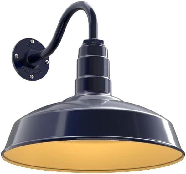Steel Lighting Co. | Dusk to Dawn | Gardena Barn Light | Outdoor Wall Mounted | 16" Dome | 11" Gooseneck | Farmhouse Light Made in America | Navy Blue/Brass