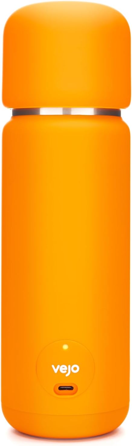 Vejo Portable Travel Blender for Protein Shakes & Powders | 12oz Rechargeable Personal Mixer Bottle | Stainless Steel Interior | Fits Car Cup Holders | Dishwasher Safe | Gym, School, Outdoors | Orange