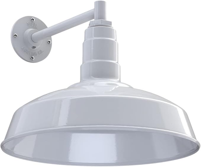 Steel Lighting Co. | Dusk to Dawn | Gardena Barn Light | Outdoor Wall Mounted | 16" Dome | 11" Straight Arm | Farmhouse Light Made in America | White Exterior/White Interior