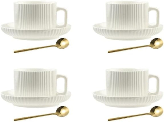 5 Ounce Espresso Cups Set of 4, Small Coffee Cups with Saucers and Spoons, White Cream Ceramic Demitasse Espresso Mugs