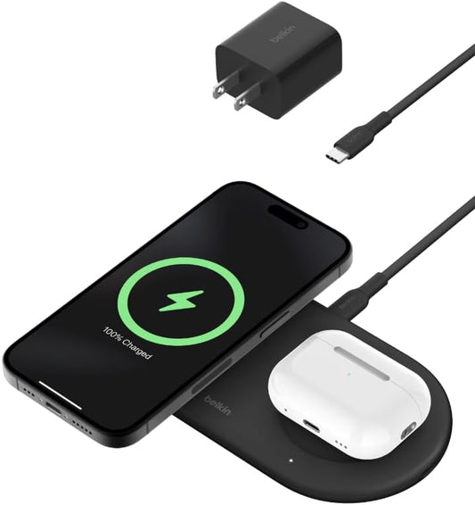 Belkin 2-in-1 Wireless Charging Pad w/ Qi2 15W + Additional USB-C Port - MagSafe-Compatible Charger, Charging Station for iPhone 16 & 15 Series, Samsung Galaxy S25 Series, AirPods, & More - Black