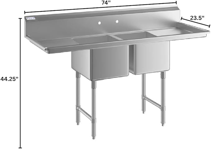 55" Wide Stainless Steel Two Compartment Commercial Sink | Utility 24" x 24" Bowl for Restaurant Laundry Garage | 3.5" Drain Basket, 9.75" Backsplash, 55"W x 29.5"D x 44.25"H, 16 Gauge, NSF