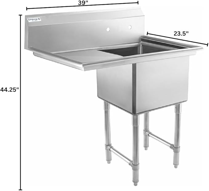 39" Wide Stainless Steel One Compartment Commercial Sink | Utility 18" x 18" Bowl for Restaurant Laundry Hotel | 18" Left Drainboard, 9.75" Backsplash, 38.5"W x 23.5"D x 44.25"H, 16 Gauge, NSF