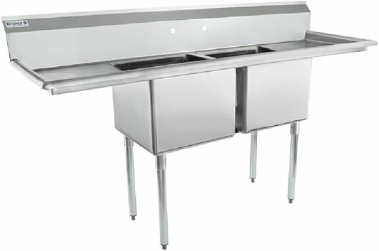 74" Wide Stainless Steel Two Compartment Commercial Sink | Prep Utility 18 x 18 Bowl for Restaurant Laundry Garage | (2) 18" Drainboard, 9.75" Backsplash, 74"W x 23.5"D x 44.25"H, 18 Gauge, NSF