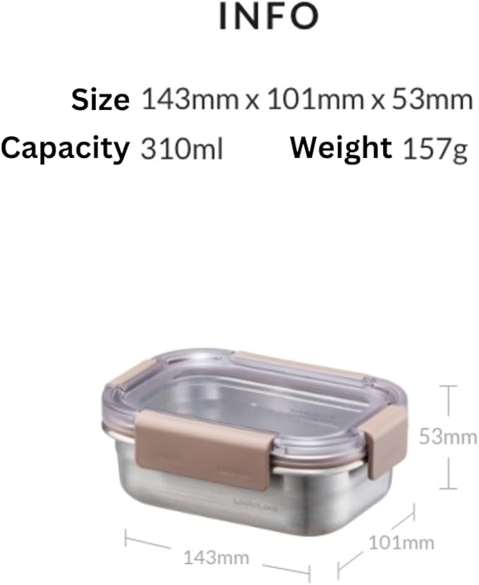 Locknlock Stainless Steel Food Storage Containers with Lids, Metal Lunch Boxes, Leak-Proof, Microwave, Freezer and Dishwasher Safe, 3-Piece Set, 3 x 310ml