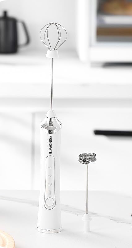 Rechargable Milk Frother, Handheld Drink Mixer with Whisk Attachment, 2025 upgraded powerfull 3 speed motor, Type C charging with charge light, with extra egg mix head (White without Stand)
