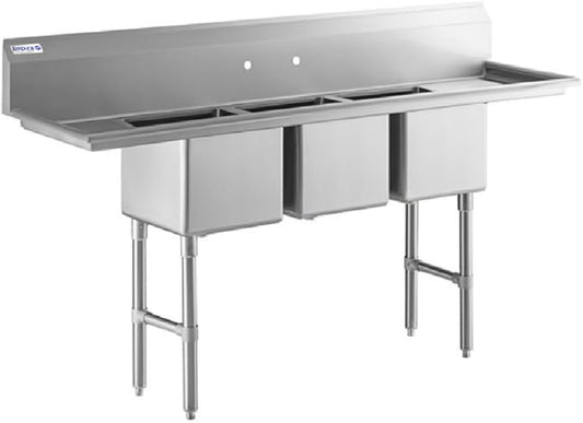 79" Wide Stainless Steel Three Compartment Commercial Sink | Utility 15" x 15" Bowl for Restaurant Laundry Garage | (2) 15" Drainboard, 9.75" Backsplash, 79"W x 20.5"D x 44.25"H, 16 Gauge, NSF