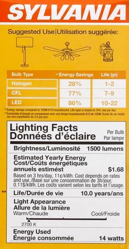 Sylvania LED A19 Light Bulb, 100W = 14W, Non-Dimmable, Frosted Finish, 1500 Lumens, 2700K, Soft White - 4 Pack (78101)