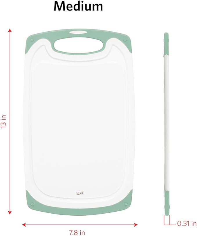 Glad Cutting Boards for Kitchen - 3pc Cutting Board Set with Juice Grooves and Non Slip Handles - Assorted Sizes for Meat, Vegetables, and Fruit - Non Porous, Dishwasher Safe, Teal Green