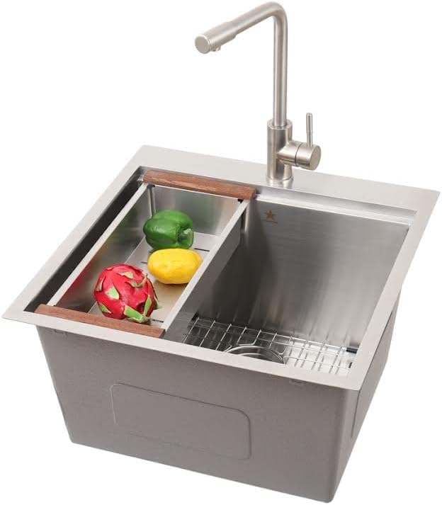 STARSTAR Workstation Ledge Topmount/Drop-in Single Bowl 304 Stainless Steel Kitchen/Yard/Bar/Laundry/Office Sink, With Grid, Colander, Cutting Board, Strainer (22 x 22 x 12-Wood Colander)