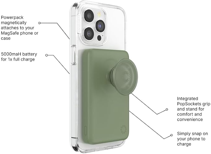 PopSockets PowerPack for MagSafe, Portable Phone Charger, Magnetic Wireless Portable Charger, 5000mAh - Eucalyptus