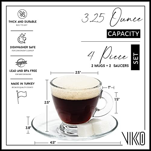 Vikko Espresso Cups, 3.25 Ounce Small Coffee Mugs with Saucer, Set of 2 Clear Glass Coffee Mug, Durable Dishwasher Safe Glass Cups for Coffee or Tea