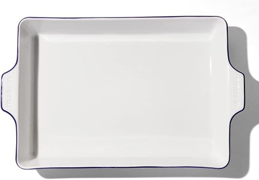Made In Cookware - Rectangular Baking Dish - Navy Rim - Hand Crafted Porcelain - Professional Bakeware - Made in France